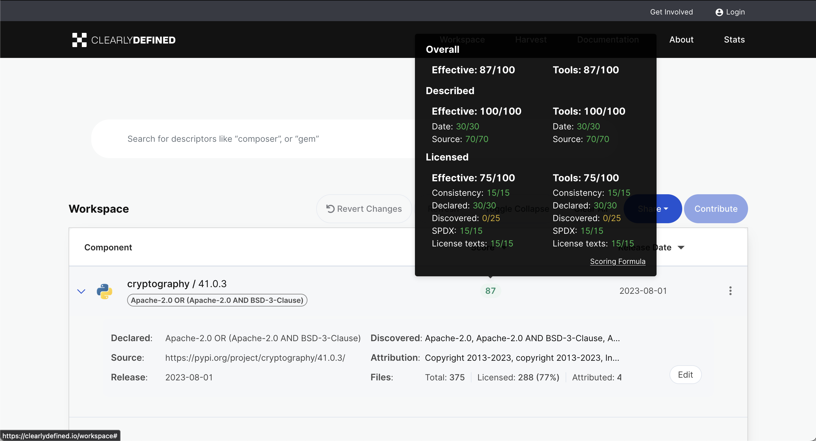 Screenshot der ClearlyDefined-Website mit cryptography-Beispiel