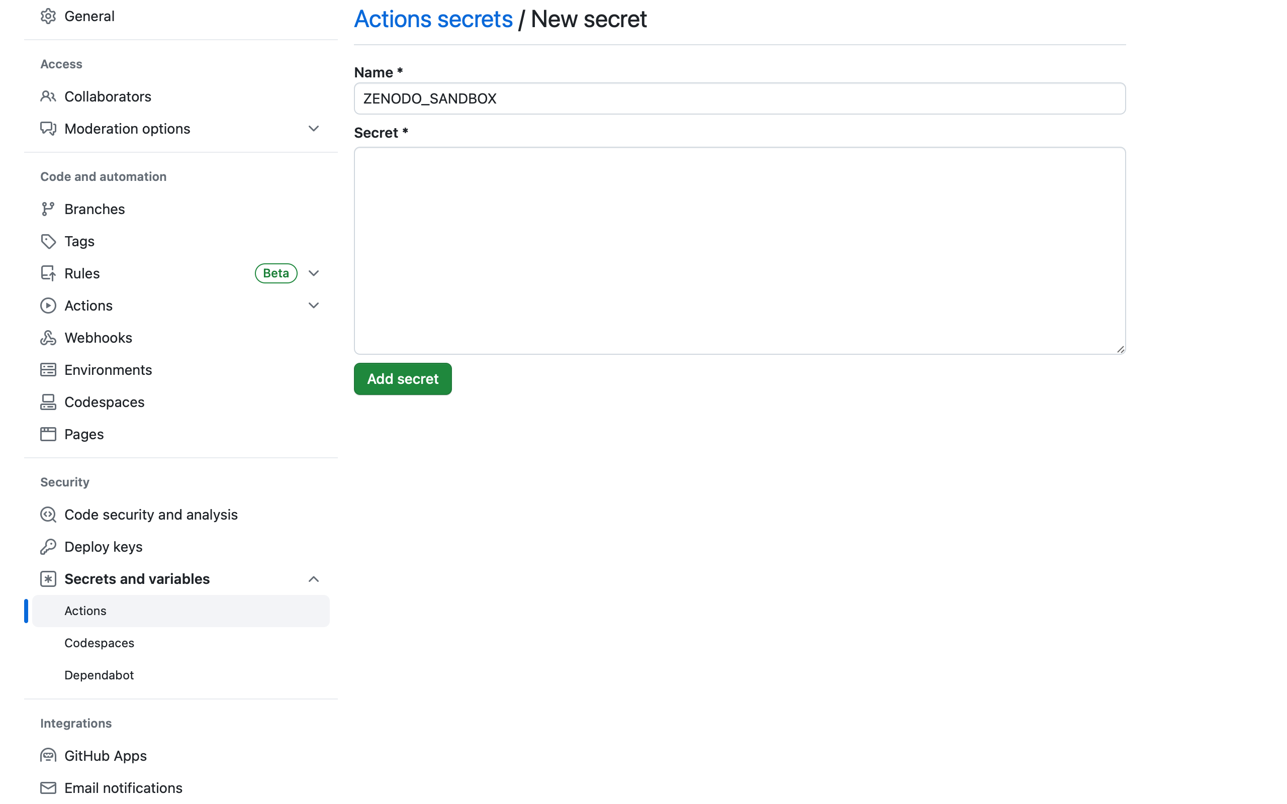 GitHub: Neues Action-Secret
