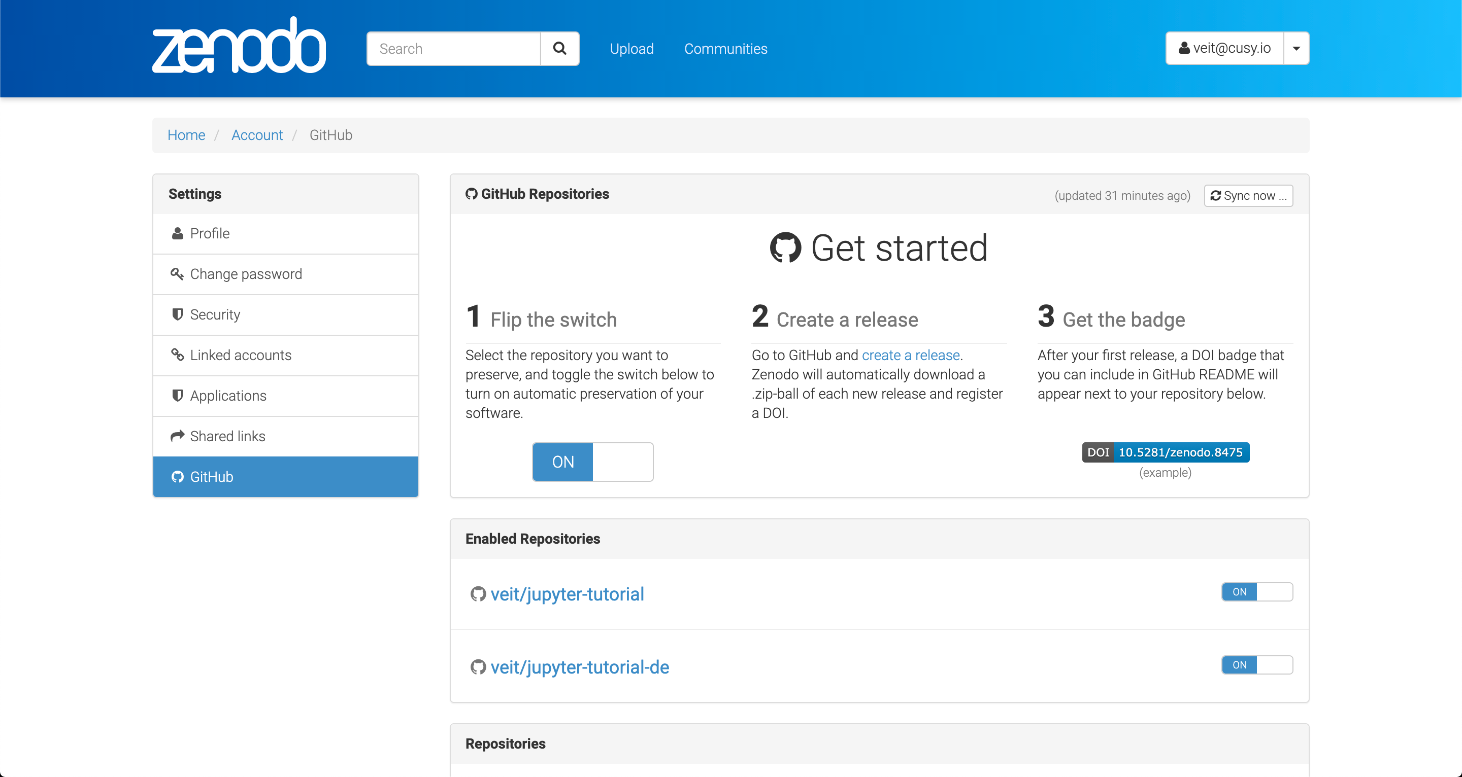 Repositories für Zenodo aktivieren